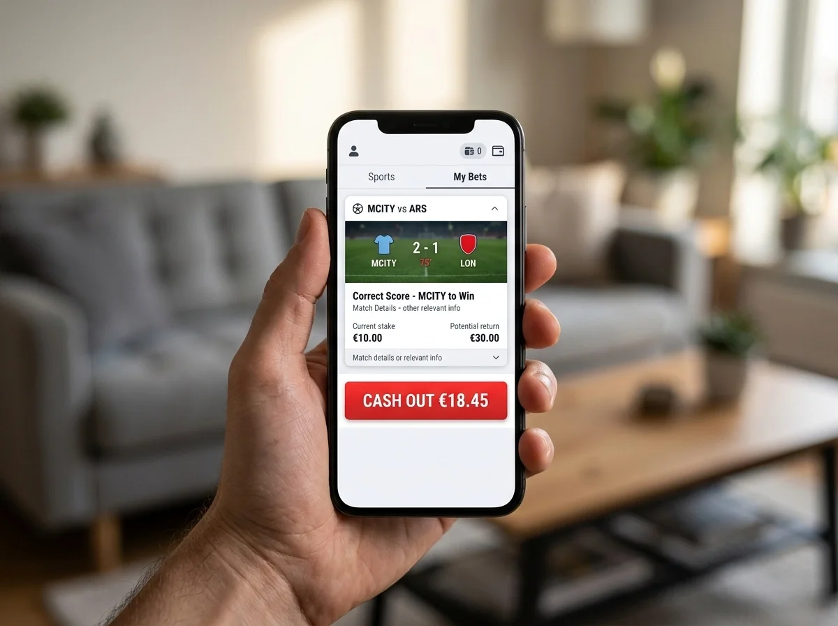 Lažybų programėlės ekranas su cash out mygtuku ir kupono verte
