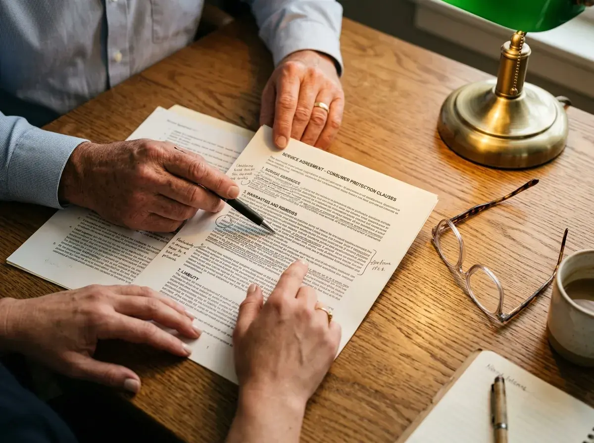 Vartotojas studijuoja sutarties sąlygas spausdintame dokumente
