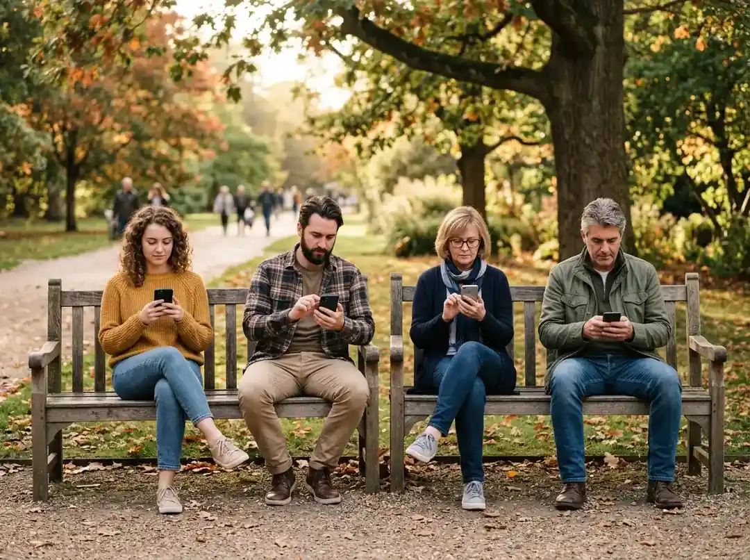 Skirtingo amžiaus žmonės naudoja telefonus parko aplinkoje
