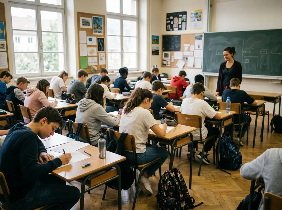 Europos klasės moksleiviai pildo apklausą prie suolų