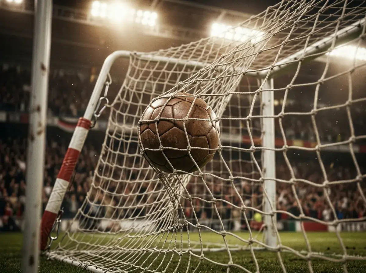 Kamuolys įkrenta į vartų tinklą per futbolo rungtynes