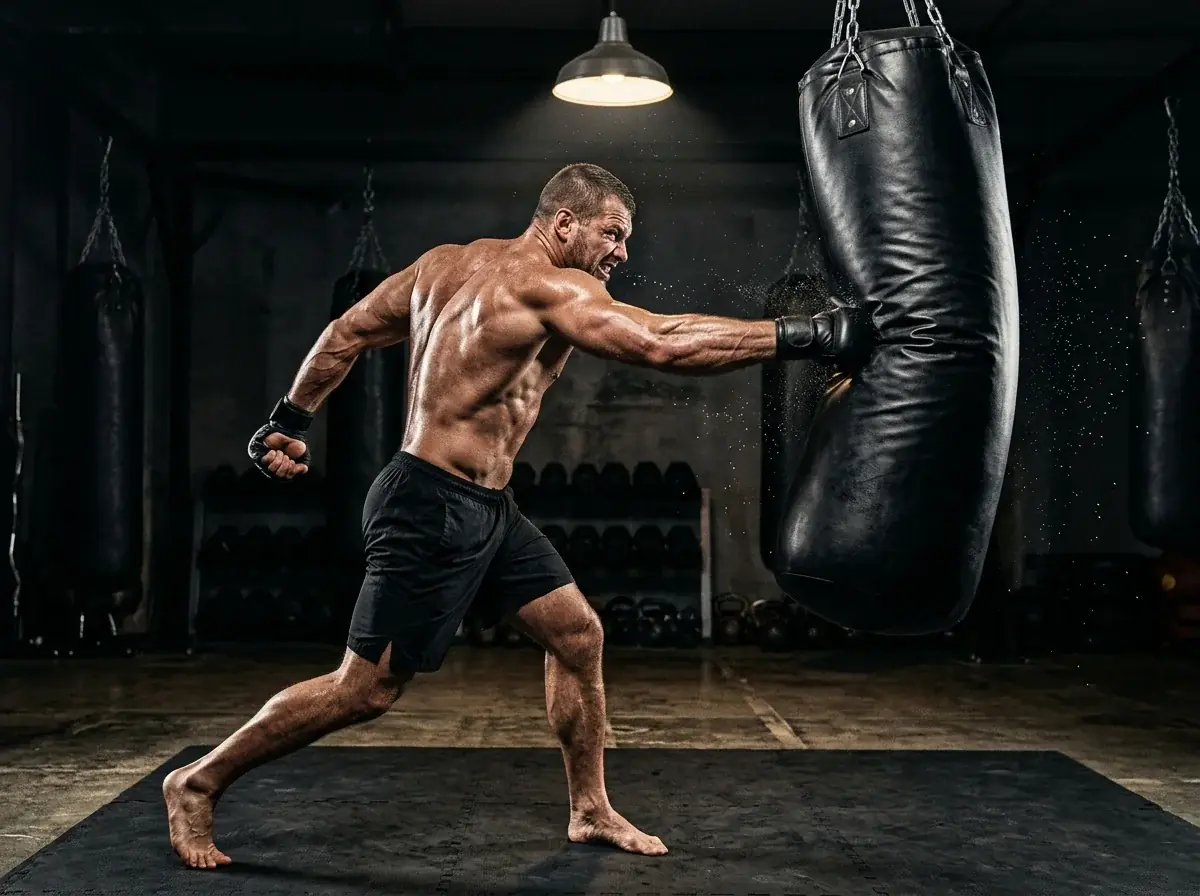 Sunkiasvoris MMA kovotojas atlieka galingą smūgį pratybose