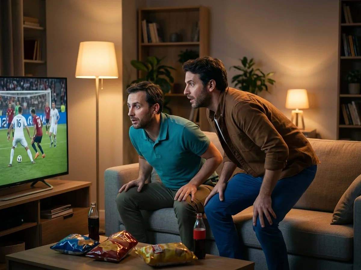 Sirgaliai gyvenamajame kambaryje stebi tarptautines futbolo rungtynes
