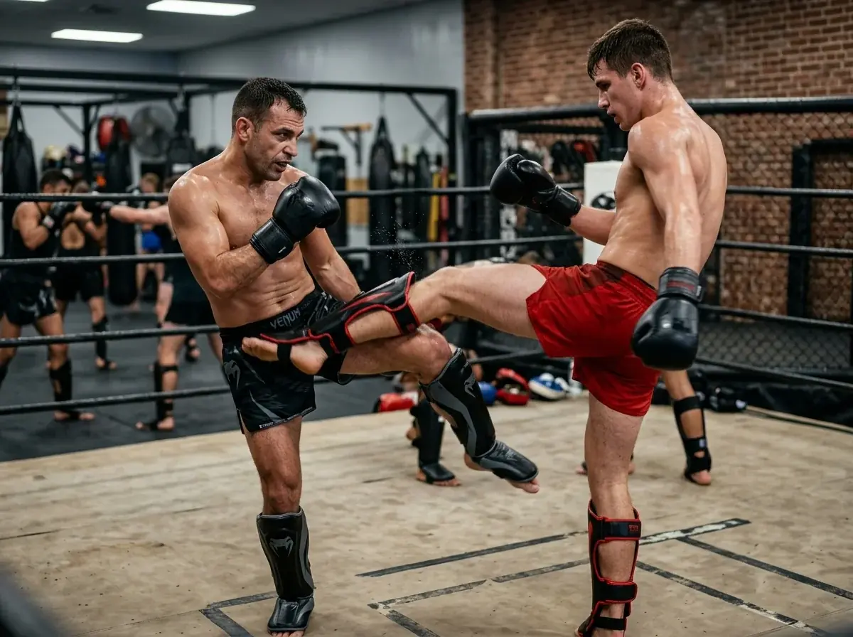 Kovotojas blokuoja low-kick smūgį treniruočių metu