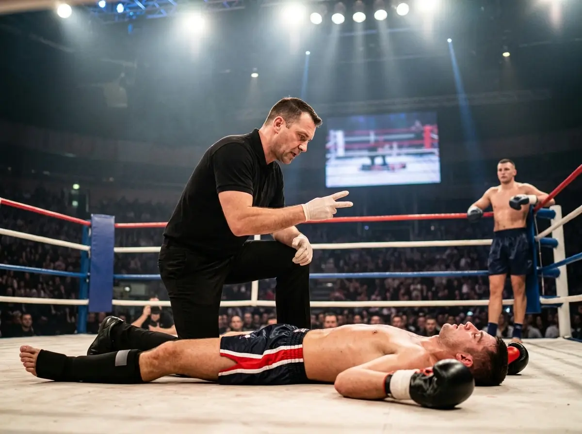 Kickboxingo teisėjas skaičiuoja nokdauną virš parkritusio kovotojo