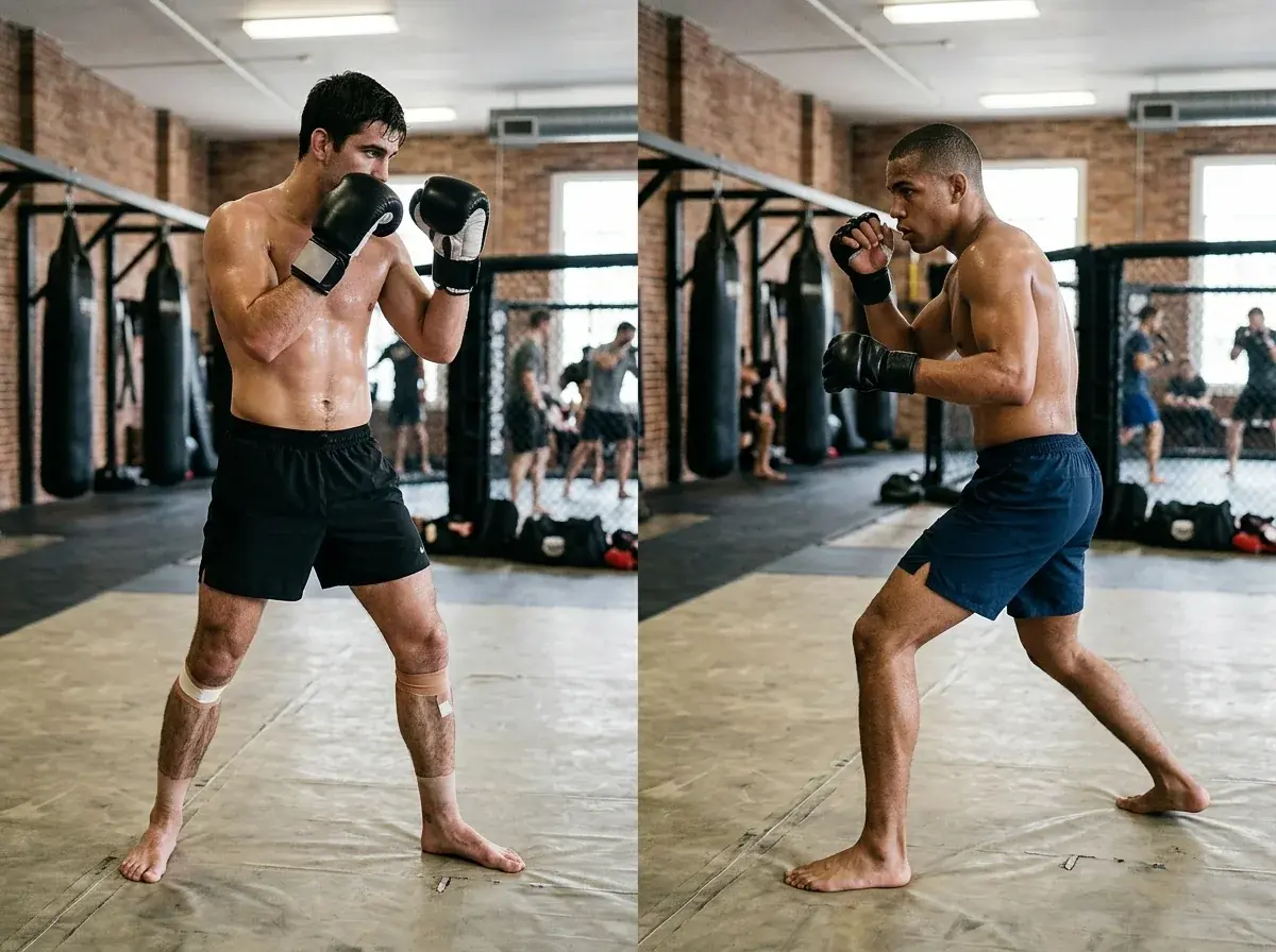 Dviejų kovinių stilių stovai – kickboxingo ir MMA – treniruočių salėje