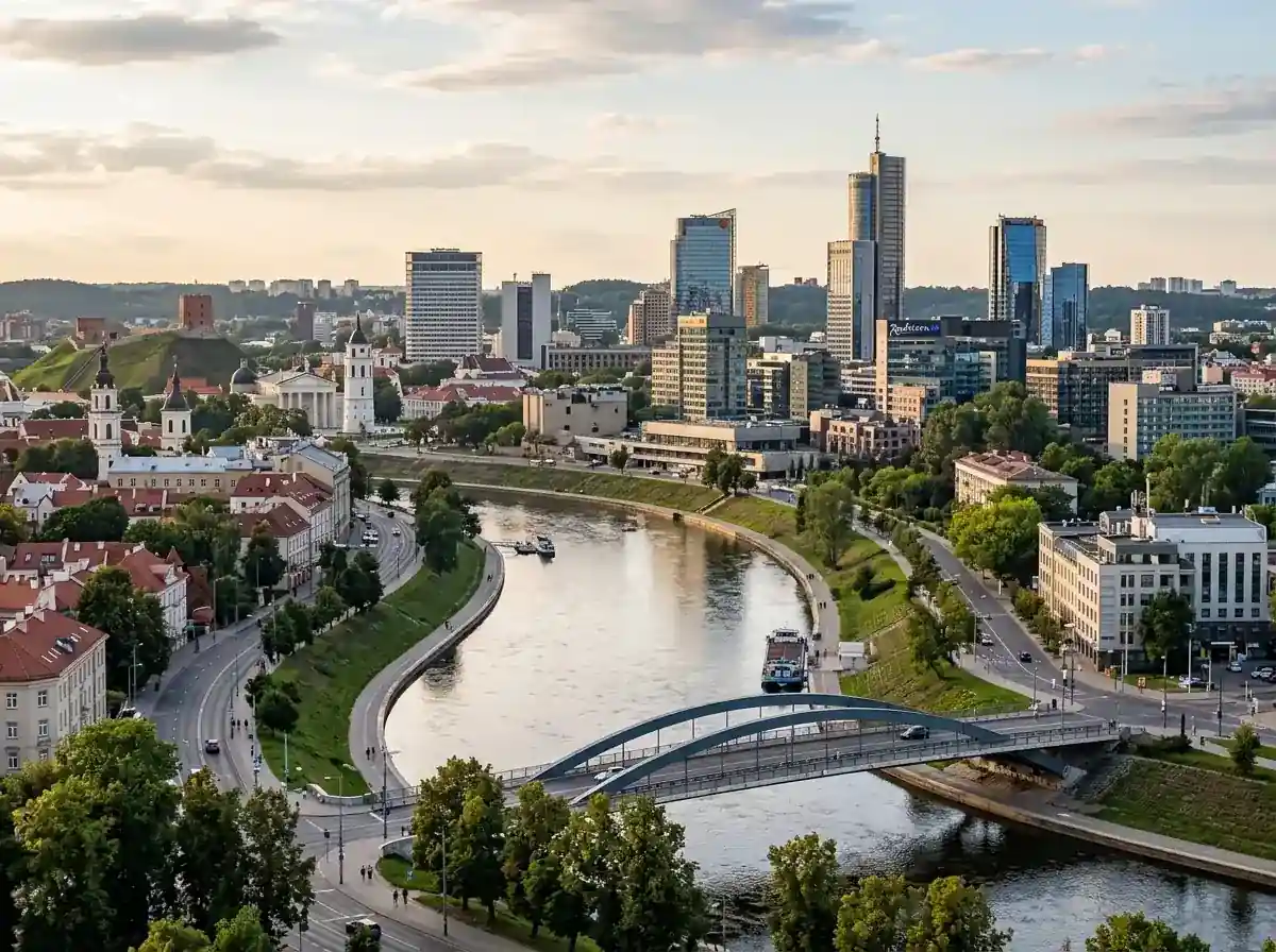 Vilniaus miesto vaizdas su moderniaisiais ir senaisiais kvartalais