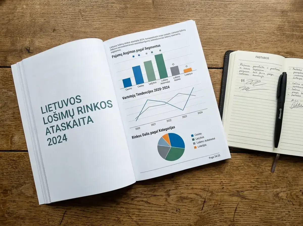 Spausdintas Lietuvos lažybų rinkos ataskaitos puslapis ant medinio stalo