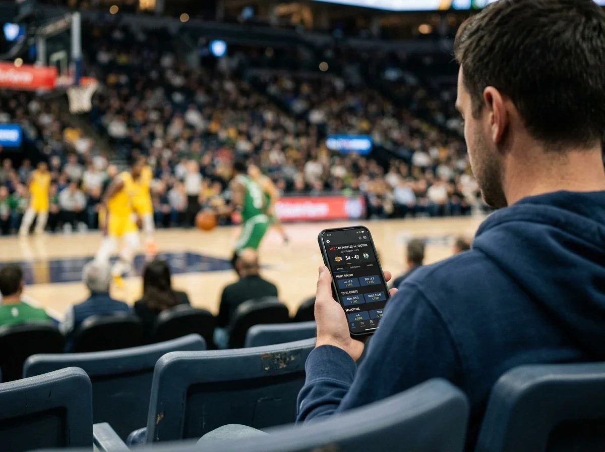 Žiūrovas seka krepšinio kursus savo telefono ekrane arenoje