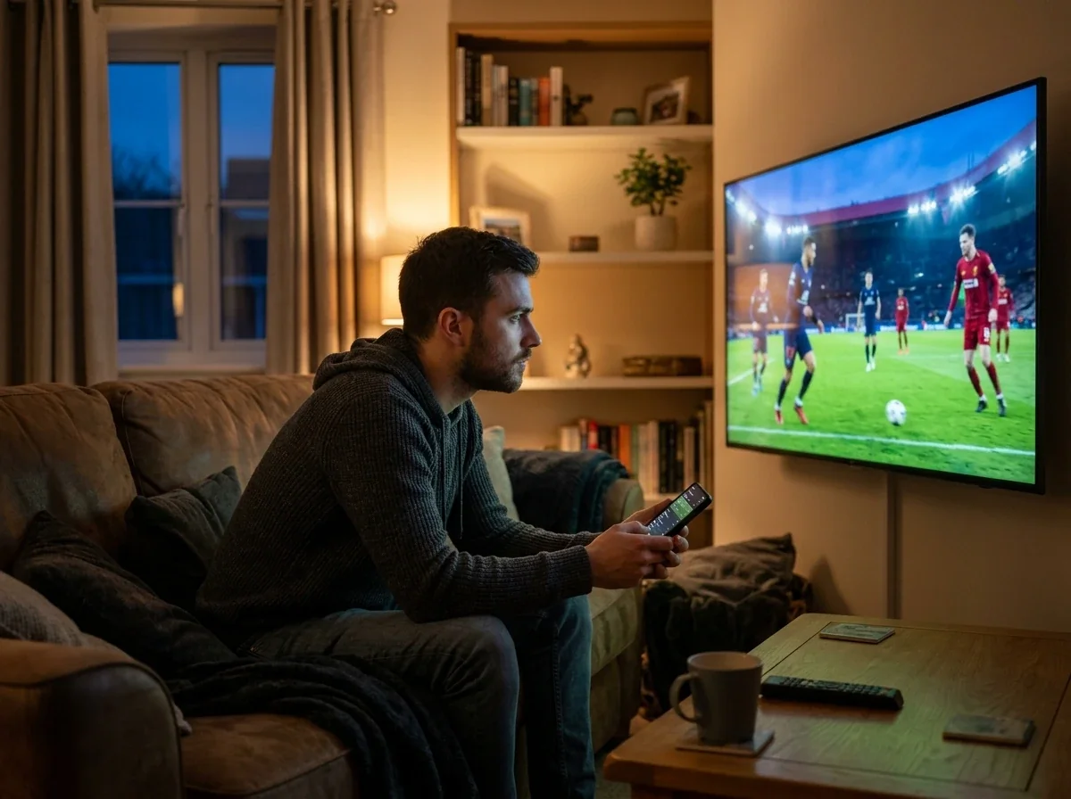 Statytojas stebi futbolo rungtynes ir svarsto strateginį cash out sprendimą