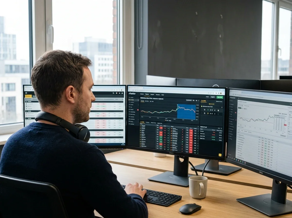 Trader'is prie kelių monitorių stebi live koeficientų srautą