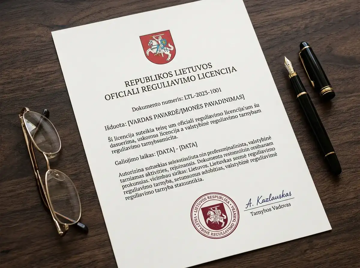Oficialus LPT licencijos dokumentas su Lietuvos valstybiniu simboliu ant stalo