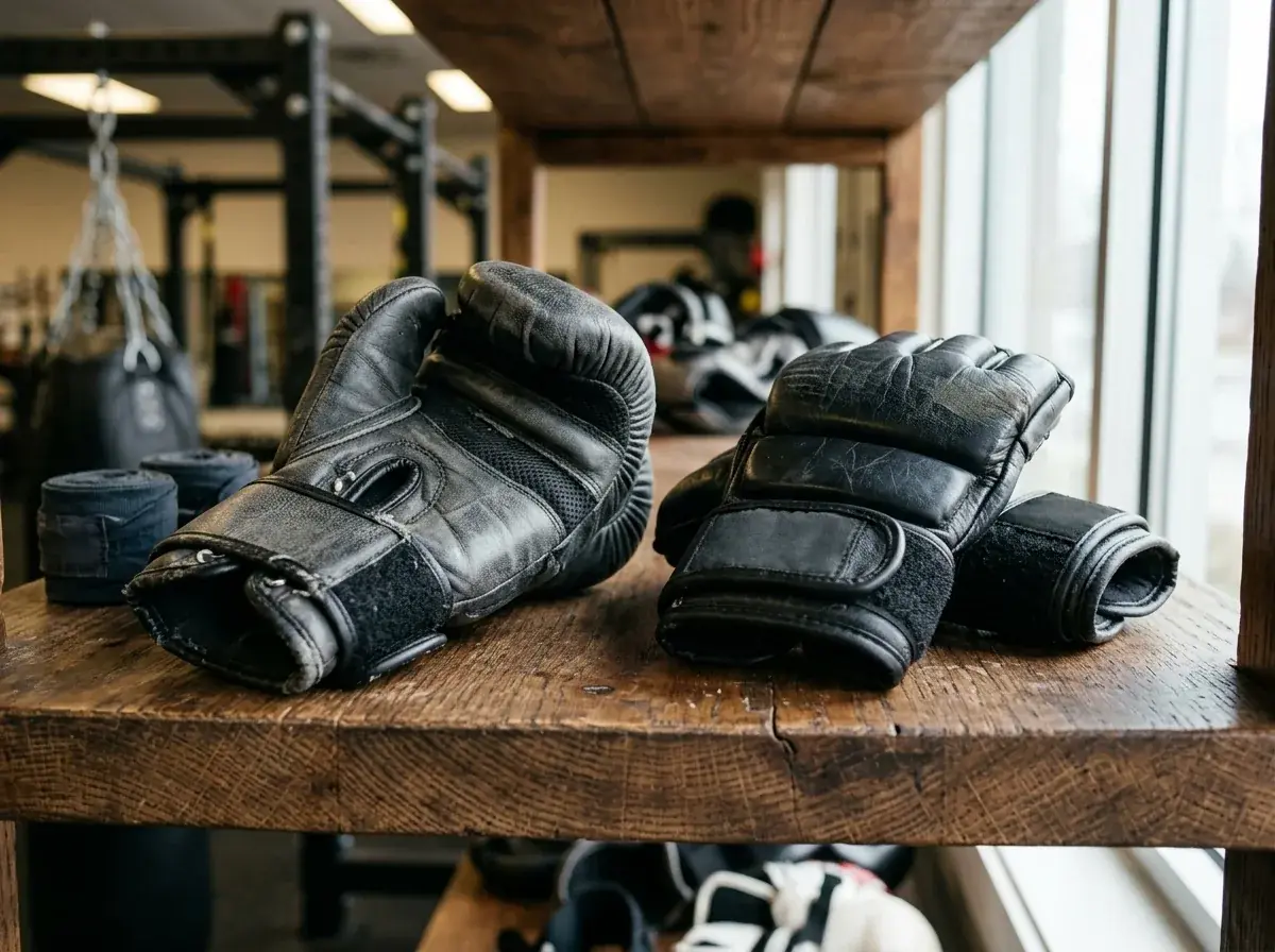 Skirtingo dizaino MMA pirštinės gulinčios ant treniruočių stelažo
