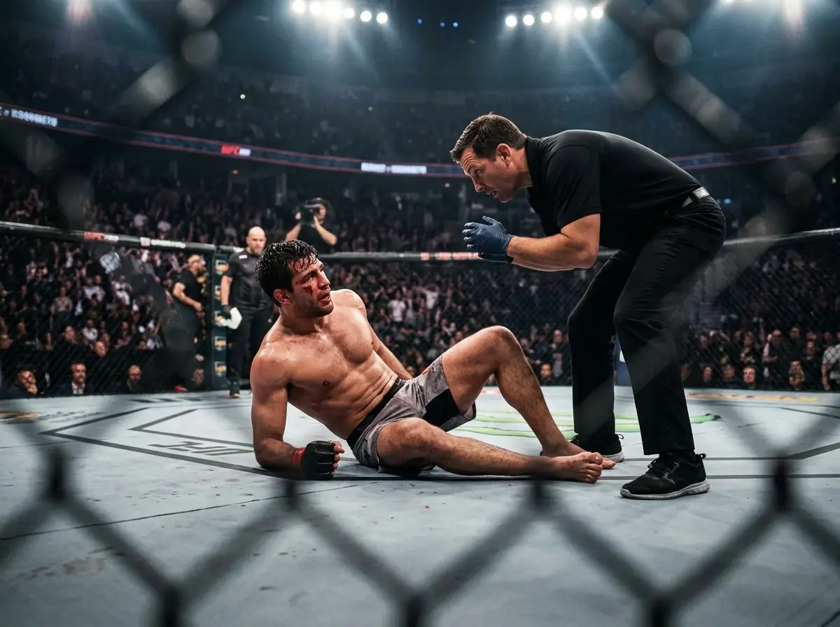 MMA kovotojas atsigauna ant grindų po stipraus smūgio oktagone