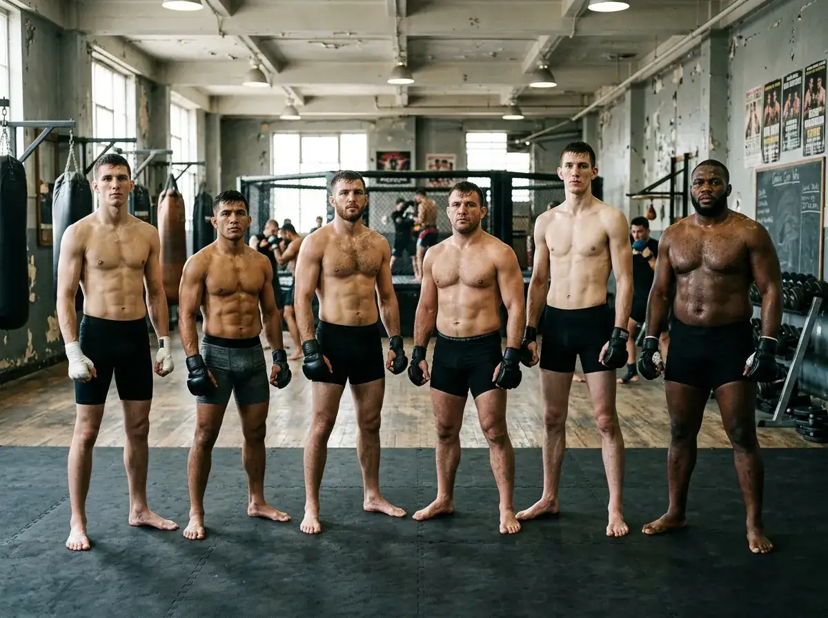 Skirtingo svorio MMA kovotojų grupė nuo lengvasvorio iki sunkiasvorio