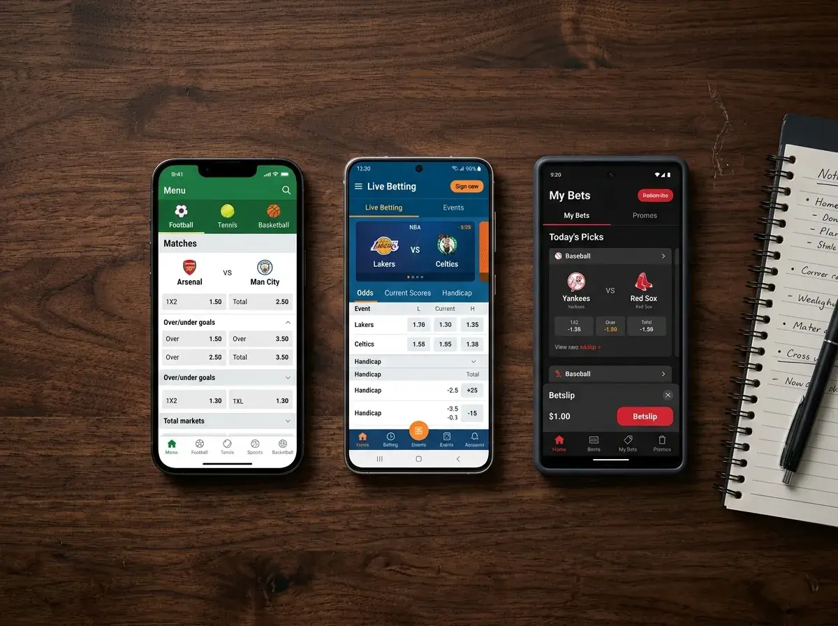 Kelios lažybų mobilios programėlės gretimai telefono ekranuose