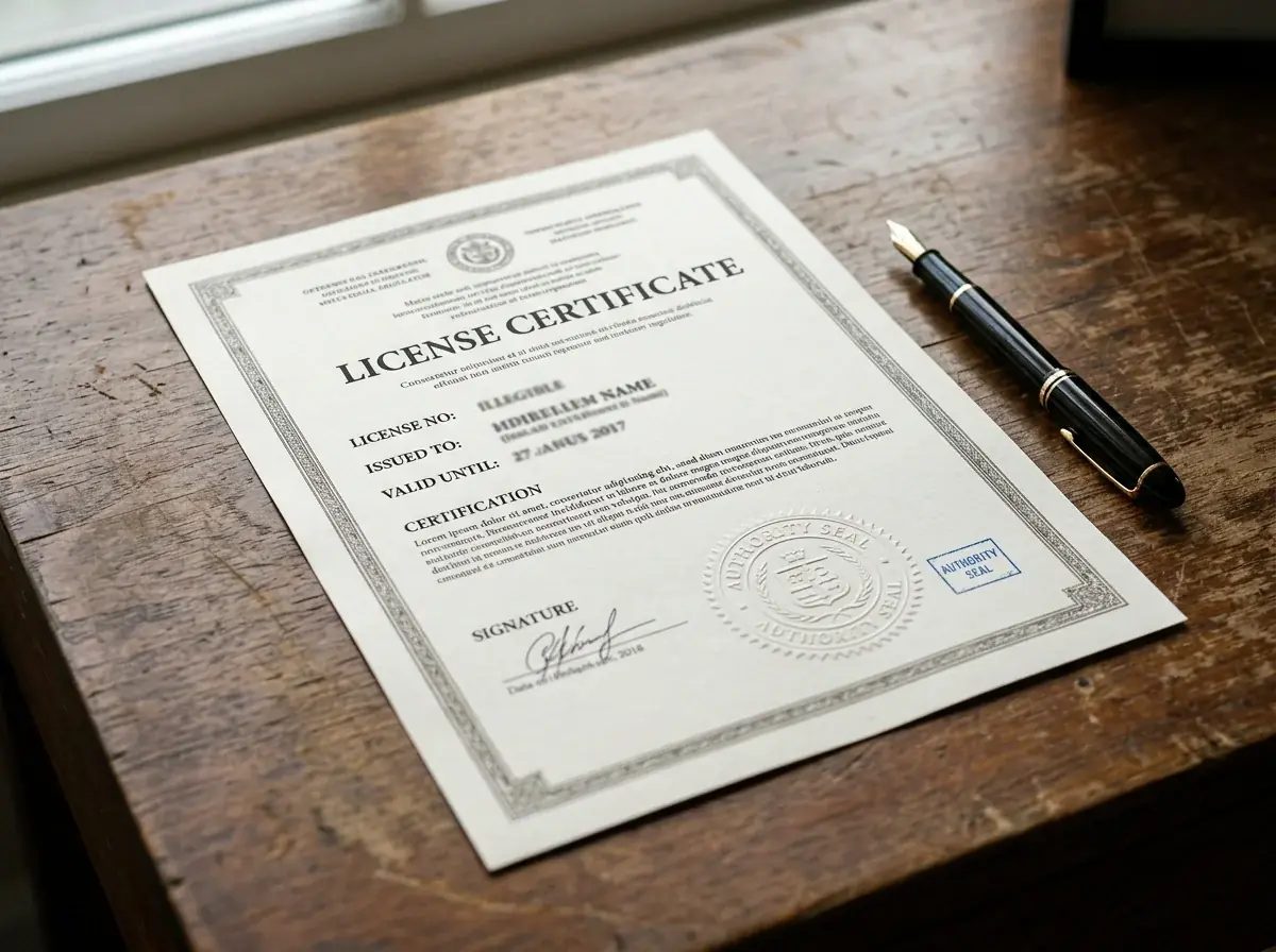 Oficialaus reguliatoriaus licencijos dokumentas su antspaudu ir parašu