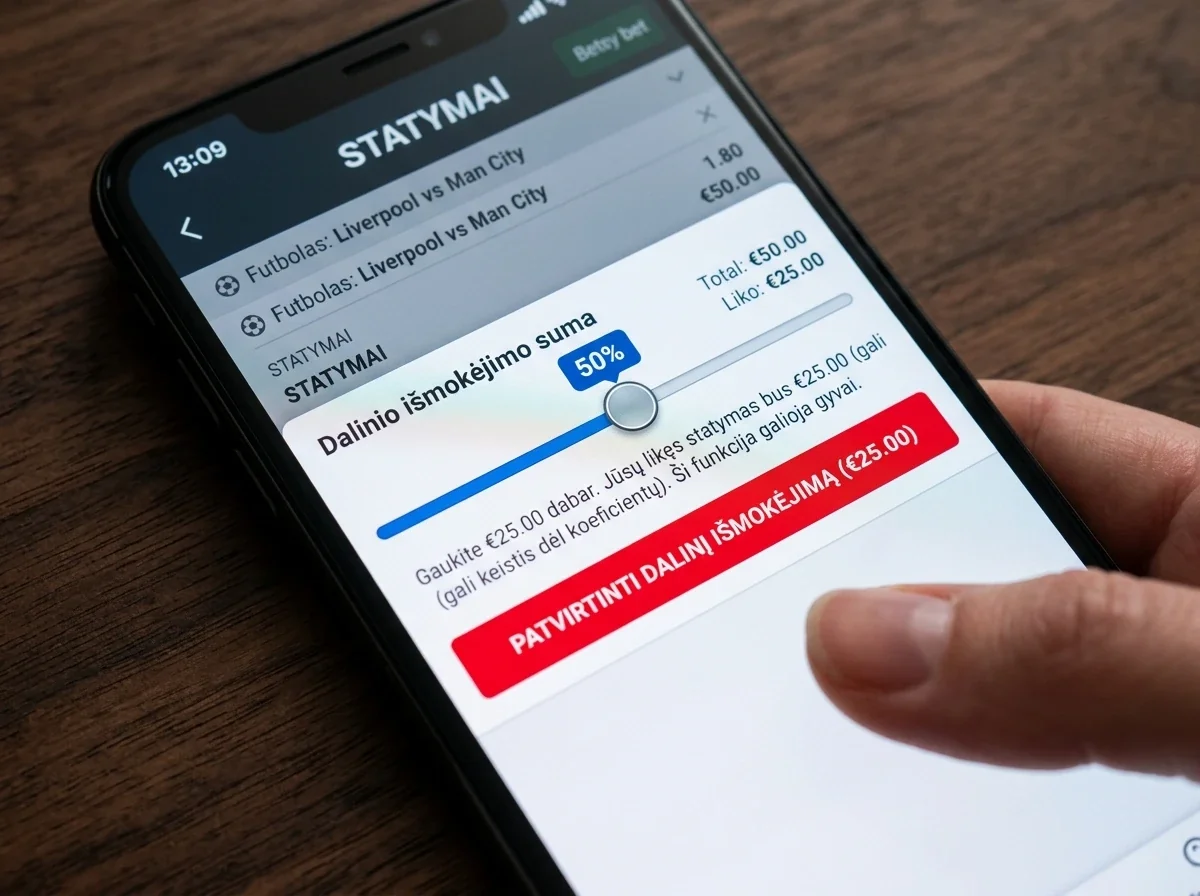 Lažybų programėlės ekranas su daliniu cash out slankikliu