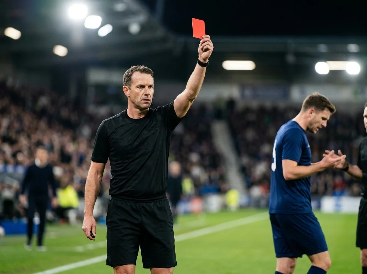Futbolo teisėjas iškelia raudoną kortelę prieš žaidėją