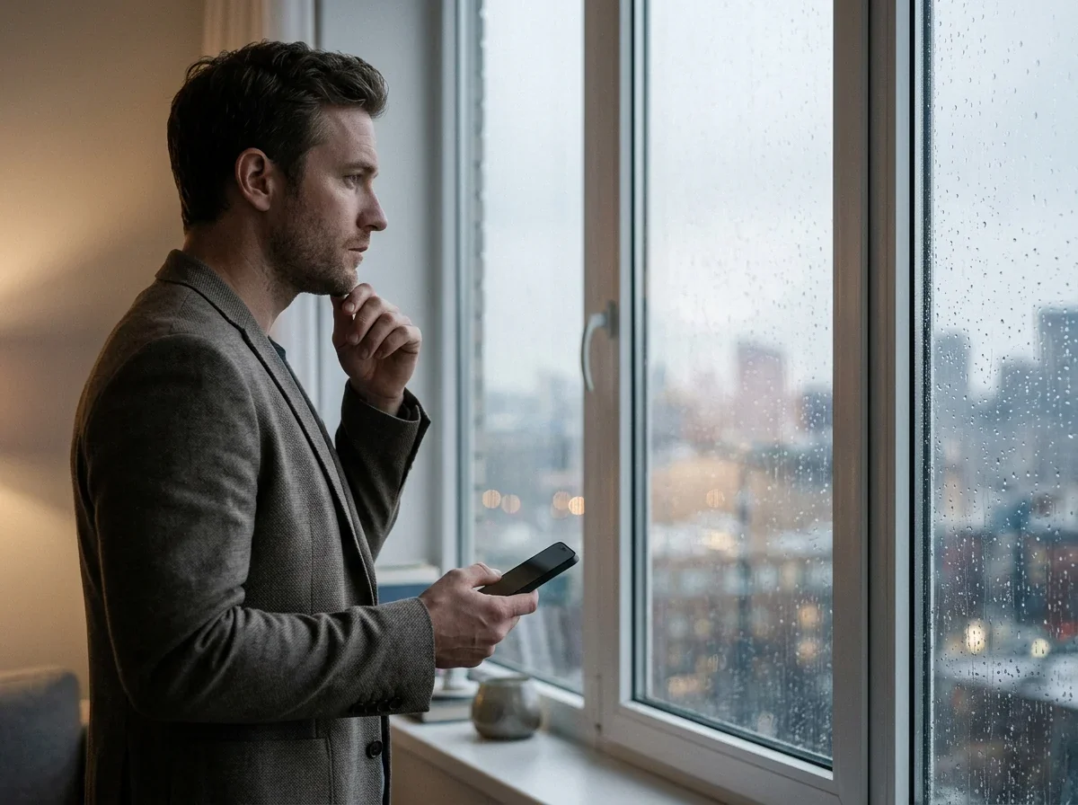 Statytojas mąstingai žiūri pro langą laikydamas telefoną