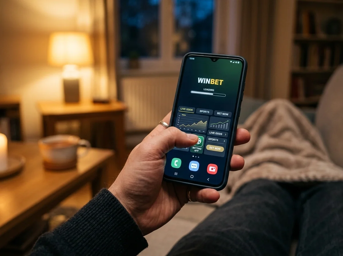 Vartotojas atidaro lažybų programėlę savo telefone namuose