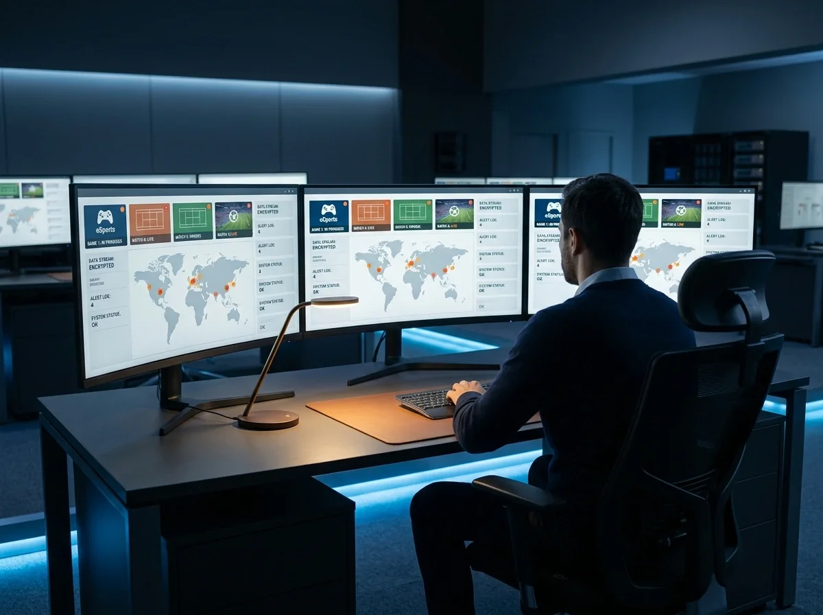 Sportradar integrity monitoringo darbo vieta su keliais ekranais ir įvykių stebėjimo sistema