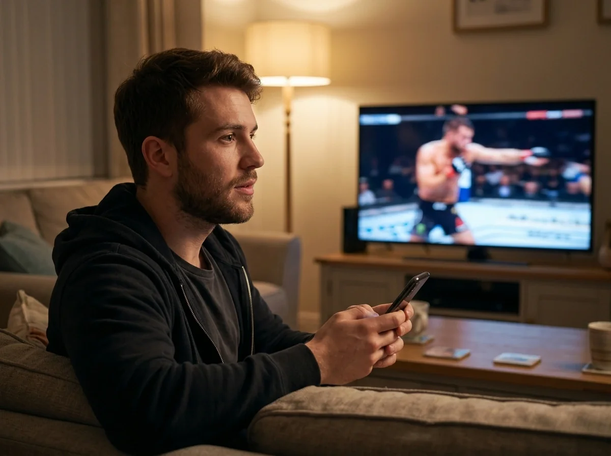 UFC sirgalius stebi kovą su telefonu rankoje sofoje