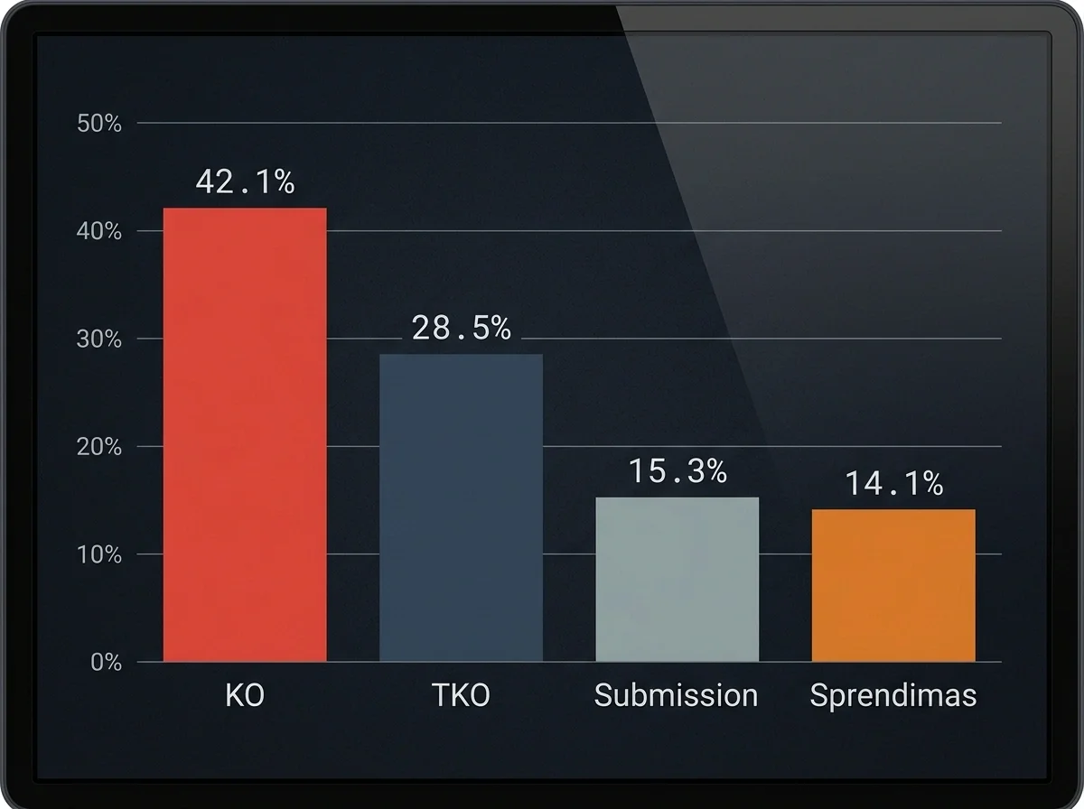 Stulpelinė diagrama: UFC KO, TKO, submission ir sprendimo procentai